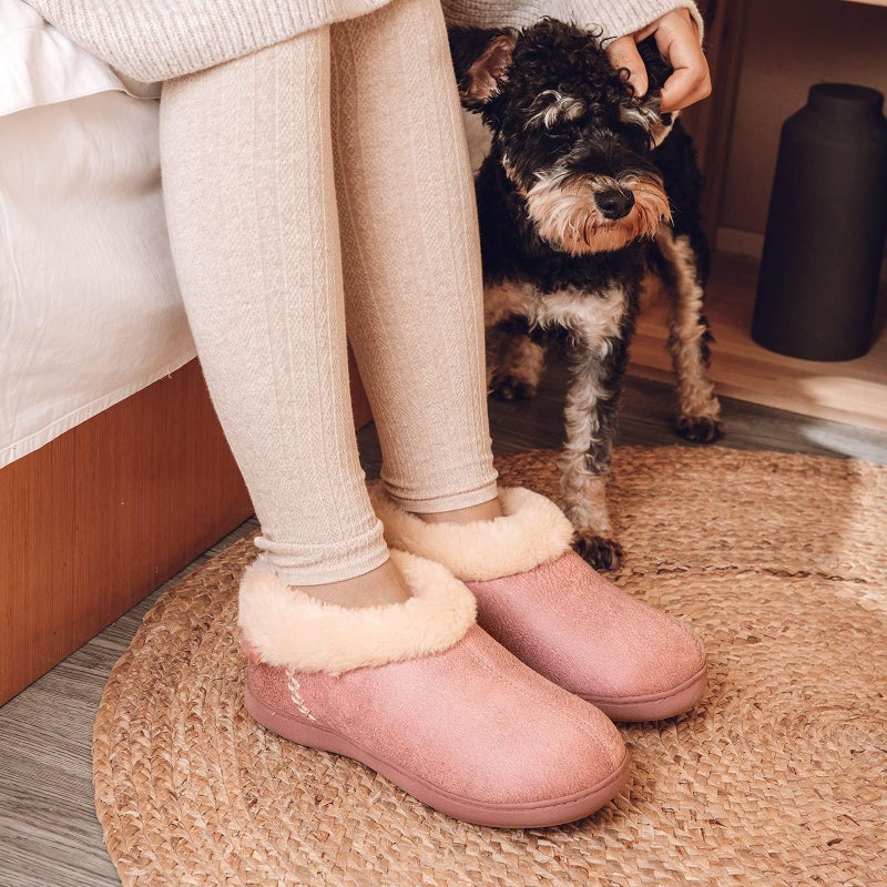 EverFoams Women's Microsuede Cozy Memory Foam Winter Slippers with Fuzzy Faux Fur Collar and Indoor Outdoor Rubber Sole (Pink, Size 11-12 M US) - Image 2